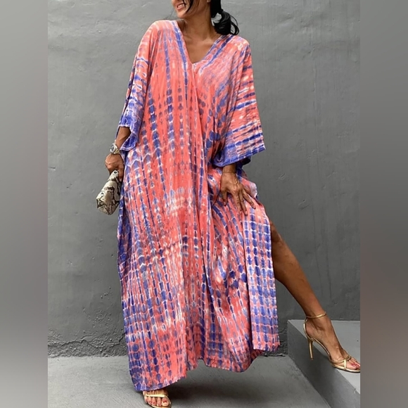 Gray Blue Tie Dye Hippie Kaftan Long Flowy Maxi Dress Loose Boho V Neck Caftan - Picture 7 of 9